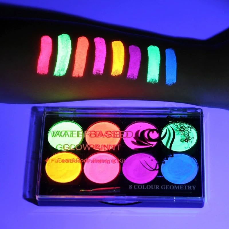 Neon Face Paint Palette with Brushes - 8 Color Glow In The UV Blacklight Body Paint, Water-Based & Water-Activated for Halloween, Raves, Cosplay | Fluorescent Makeup Set for Kids & Adults