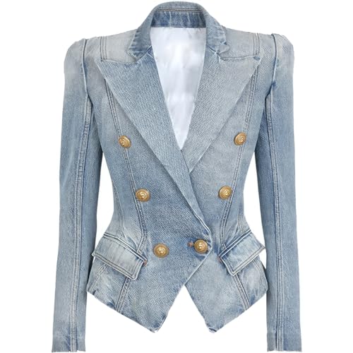 Women's Denim Blazer with Peak Lapel Collar and Double Breasted Button Closure, Light Blue