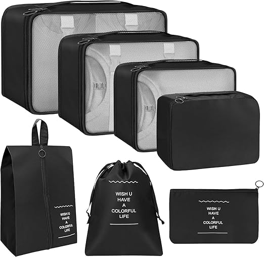 Image of polyester 7 Set Packing Cubes Luggage Packing Organizers For Travel Accessories storage organiser (black)