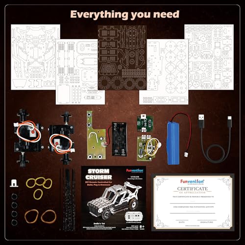 Image of Funvention DIY Storm Cruiser Remote Controlled Car Kit | Build & Race Wooden RC Car Model | Glue-Less Assembly | Dual Motors, 2.4GHz Remote, Rechargeable Battery | STEM Learning Toy for Kids 8+