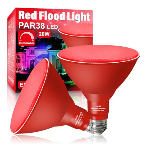 LOXYEE PAR38 Flood Red Light Bulbs,2 Pack Dimmable,E26 Base Red Flood Light Outoor(20W Replace to 200W),Halloween Light Bulb for Outside,Christmas,Holiday Lighting