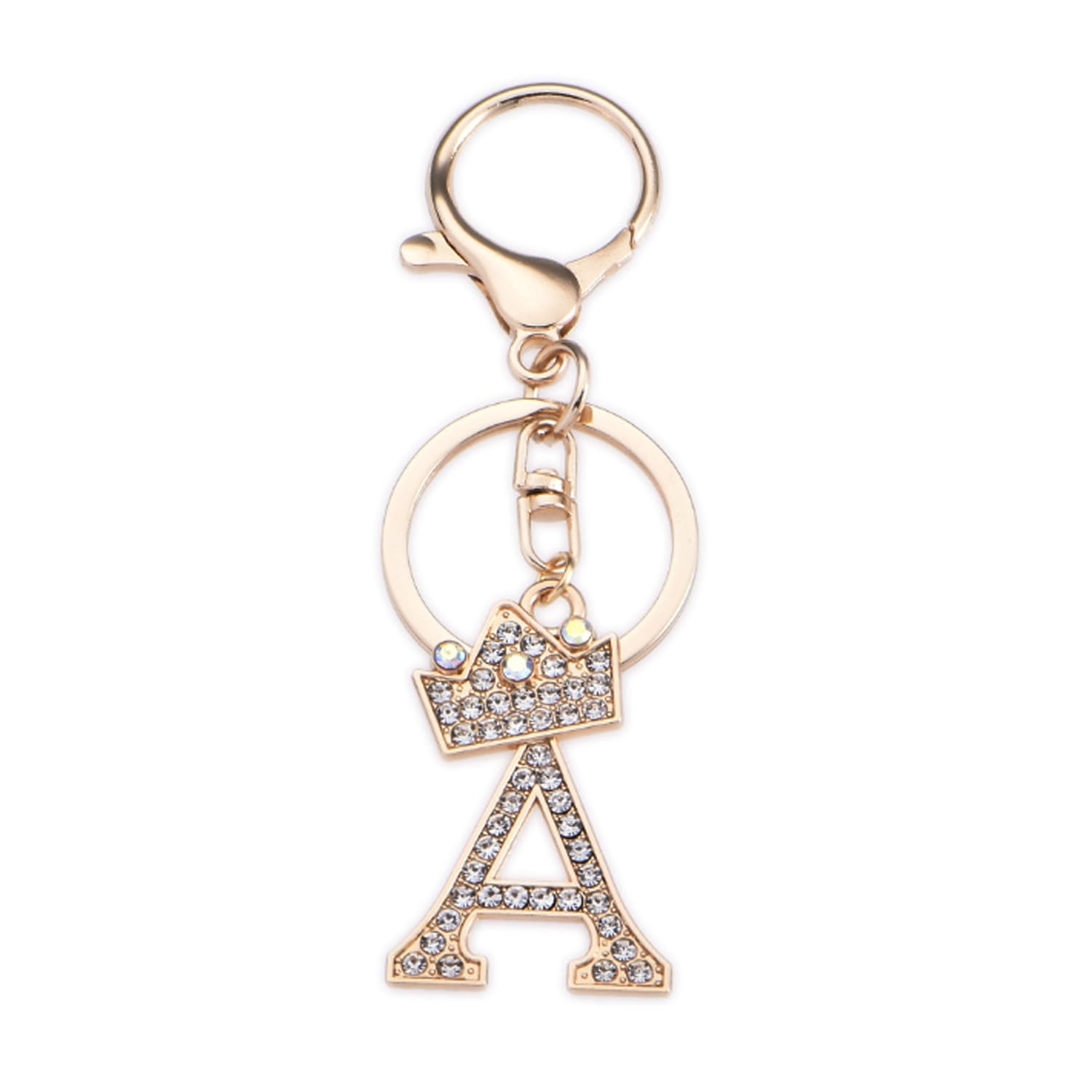 ARFUKA Gold Initial Letter Keyring with Rhinestones - Crown Metal Personalized Keychain Charm Bag Charm for Keys, Backpack, Bag - Ideal for Sister, Besties, Mom on Birthday, Christmas (Letter A)
