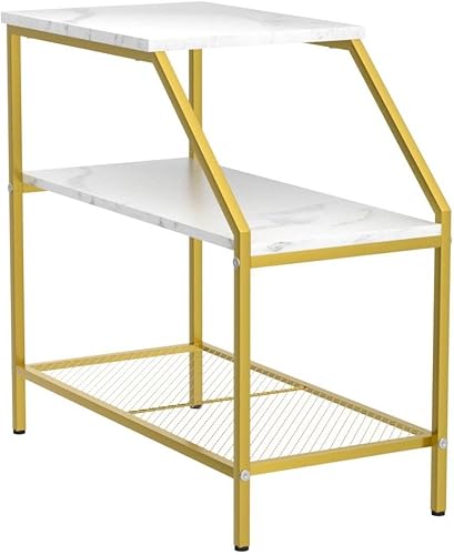 Miniatura 5 de Wolawu Mesa auxiliar de 3 niveles, 2 piezas, mesita de noche de madera de mármol blanco con estante de escalera de almacenamiento, mesa auxiliar