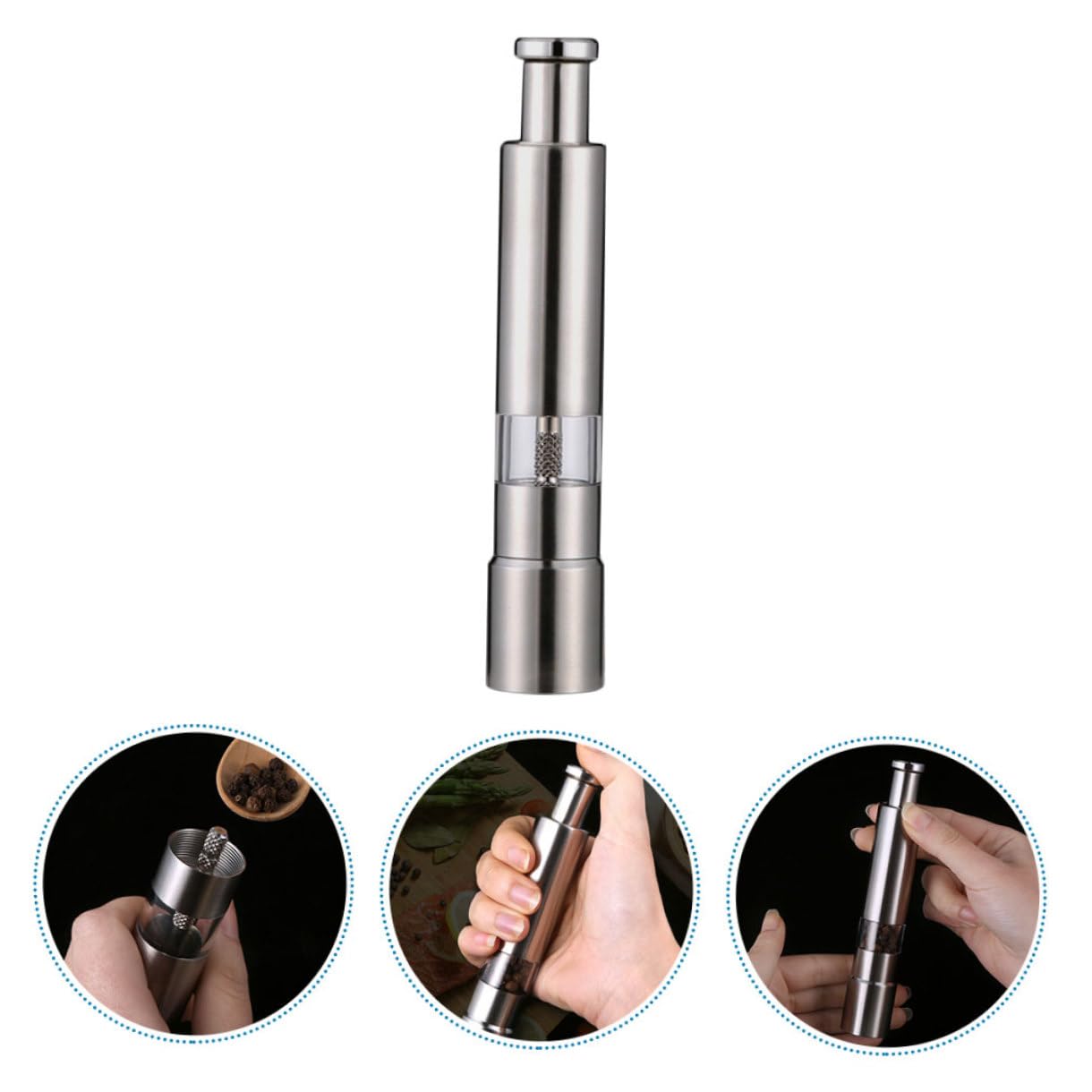 Handpfeffermühle aus Edelstahl mit Dreieckigem Mahlwerk für Feines Mahlen von Schwarzem Pfeffer in Silber für Küche