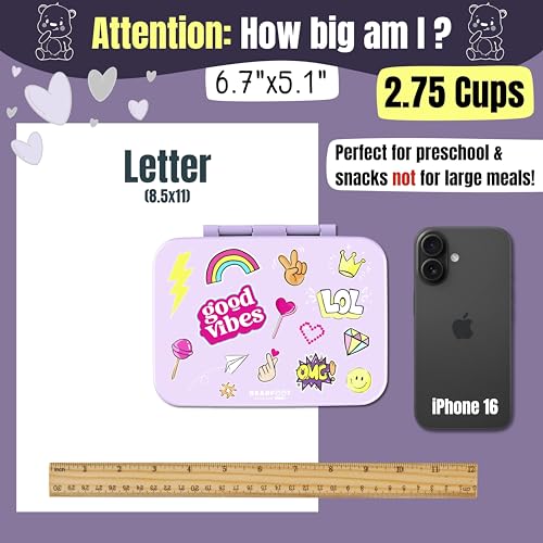 Image of BEARFOOT Kids Lunch Box with Compartments - Compact & Lightweight | Leak-Proof, BPA-Free, Dishwasher Safe | Hand-Drawn Design for Preschool, School, Travel (Sticker Purple, 2.75 Cups)