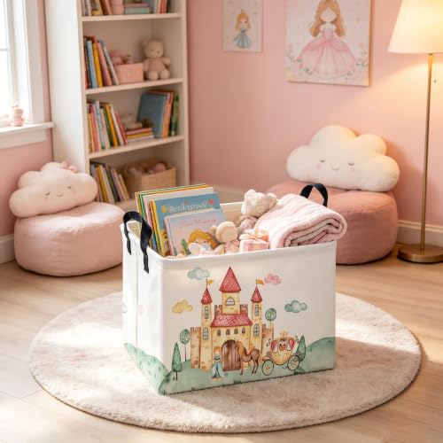 Image of Rectangular Pink Princess Storage Basket,Cute Basket for with Handles for Room Decor,Gift Baskets,Girl pink room decor(Watercolor castle)