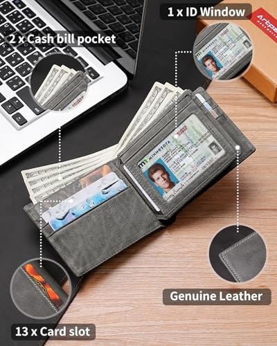 Image of Artpaxy Mens Wallet Bifold Genuine Leather RFID Blocking Wallet for Men with 1 ID Windows 13 Card Holders 2 cash pockets 1 Gift Box