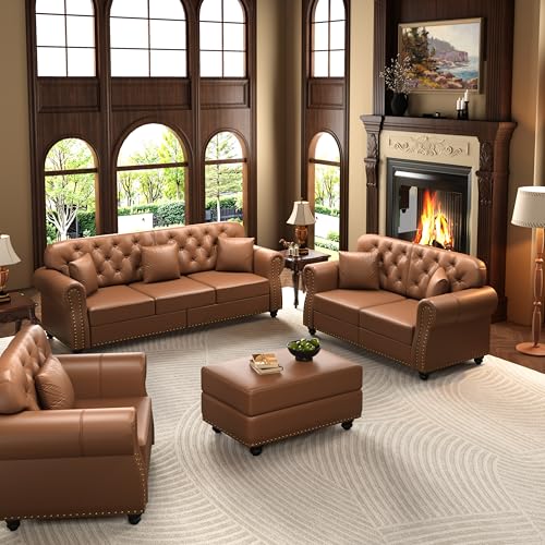 Image of KEIKI 3-Piece Chesterfield Sofa Set with 1 Faux Leather 3-Seater Sofa & 1 Loveseat & 1 Single Sofa, 6-Seater Couch Set with Nailhead Trim & Rolled Arms & 1 Ottoman & 6 Pillow, for Living Room, Brown