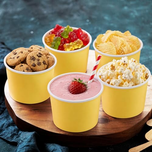 Image of Ruisita 50 Pack Disposable Bowls with Lids 8 oz Paper Cups Ice Cream Containers with Lids Leak-proof Soup Bowls Dessert Sundae Cups Cold or Hot Food for Birthday Picnic School Party Supplies, Yellow