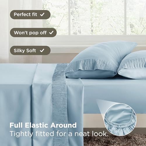 Image of Bedsure Full Size Bed Sheets - 4 Pieces Soft Full Sheet Set - Breathable & Cooling - Hotel Luxury - Easy Care Polyester Microfiber Bedding for Women, Men, Light Blue