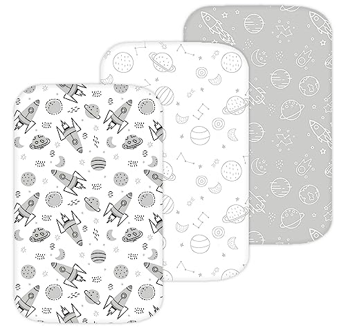 Image of Bassinet Sheets for Mika Micky, Evolur, Larex, Taylengrow Baby, Newton Baby Bedside Sleeper by TansyPanda, 3PC, 33x20, Ultra Soft, Breathable, Snug Fit, Unisex Boys, Girls, Gray White (Space Rockets)