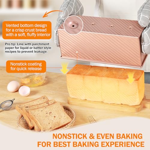 Image of Pullman Loaf Pan with Lid, 13x4, Nonstick Sandwich Bread Loaf Pan | 2.2LB, Heavy Duty Carbon Steel Corrugated Toast Box with Cover for Homemade Sourdough Bread Baking, Bakeware, Bakers Gift