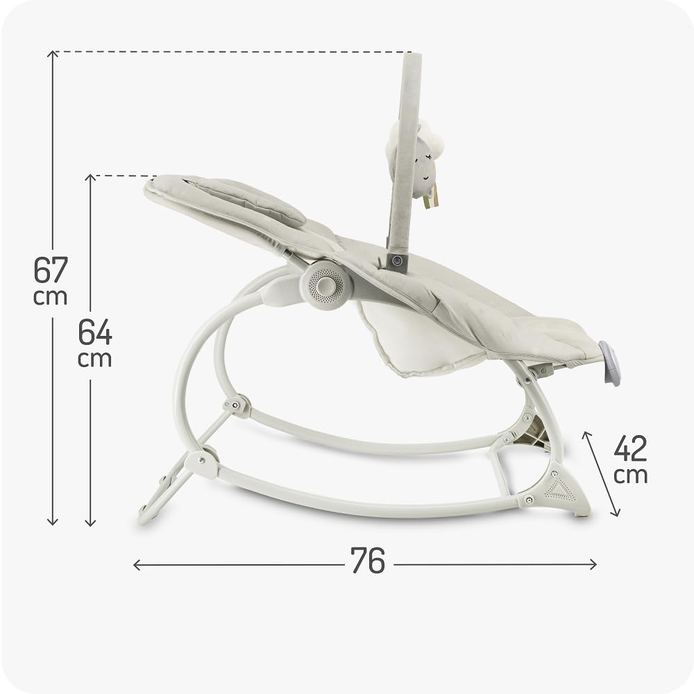 Mecedora MoMi LAPIS para niños hasta 12 kg, a pilas, arnés 3 puntos, barra con 2 juguetes, respaldo 3 posiciones, 8 melodías, control volumen, 3 modos de vibración