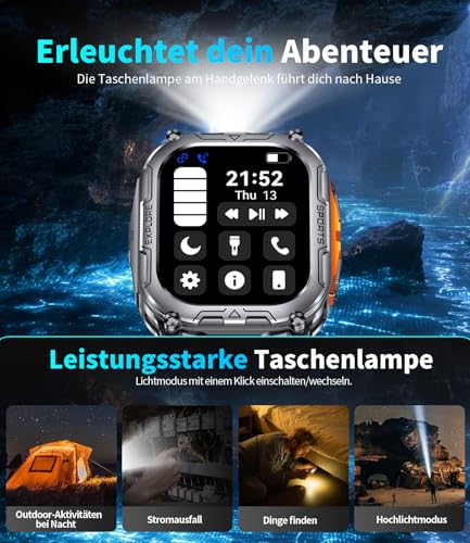 Smartwatch Herren Militär mit 1000mAh Akku/Telefonfunktion,Herzfrequenz/Schlafmonitor/IP68 Wasserdicht/2 Armbänders (Grau) – Ansicht 5