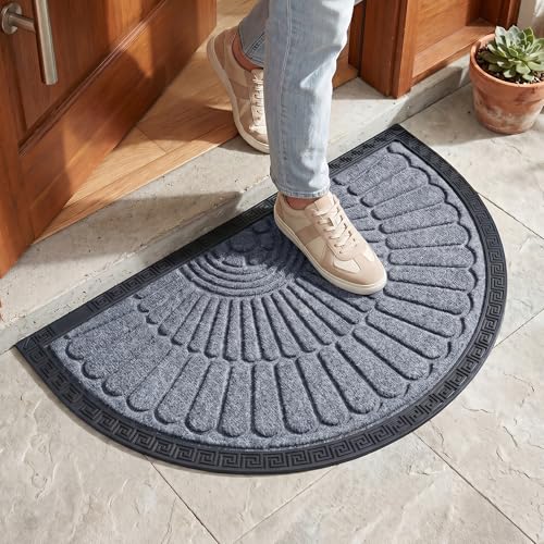 Image of Yellow Weaves Semi Circle Door Mat for Home Entrance, Half Moon Outdoor Rubber Mat - Non-Slip, Anti Skid Half Circle Foot Mat, Dirt Trapper, Heavy-Duty, Waterproof Main Doormat, 45x70 cm | Grey