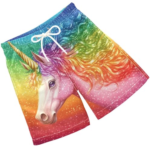 Pigsaly Boys' Swim Board Shorts Colorful Rainbow Unicorn Glitter Boy's Swim Trunks Kids Swimwear M
