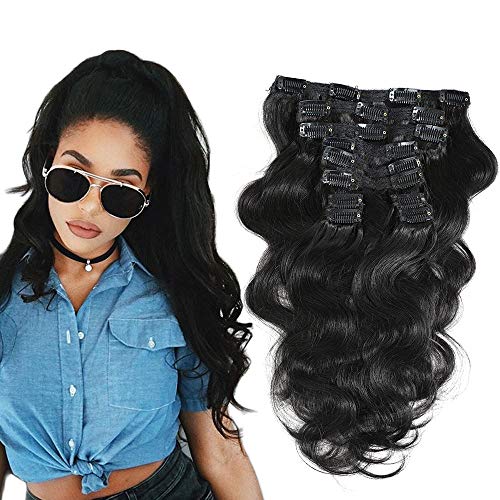 FU SHEN Body Wave Clip in Human Hair Extensions 8A Grade Unprocessed Brazilian Virgin Hair Body Wave Clip Ins for African American Women Body Wave Natural Color 10 Pcs/set (16, Body Wave) â€¦