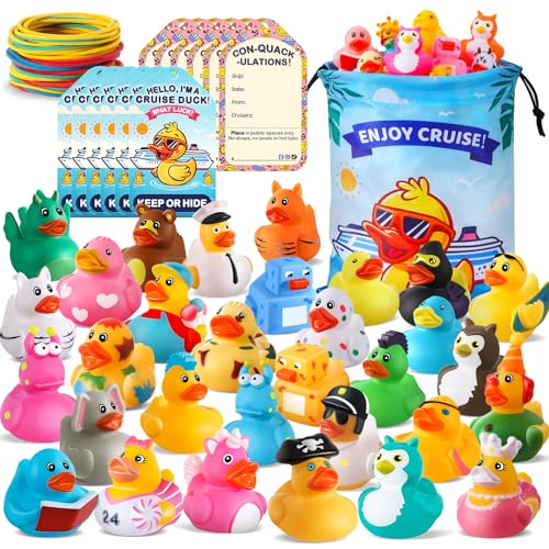 100 Pcs Cruise Rubber Ducks Kits Include 30 Cruise Ducks with 30 Cruising Duck Tags 40 Rubber Bands and 1 Duck Bag Bulk Ducks for Cruise Ships Hiding Carnival Ducking Cruise Essentials
