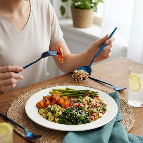 Image of 30 Pcs Blue Cutlery Set for Dining Table the Perfect Lightweight Silim Handle Tableware Including Dinner Spoon, Dinner Fork, Dinner Knife, Dessert Spoon & Dessert Fork