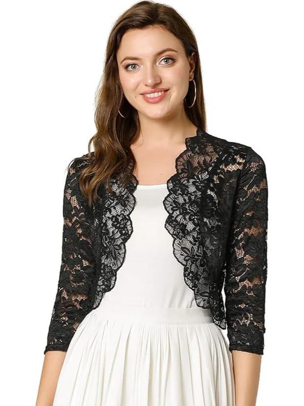Floral Lace Shrug for Women, 3/4 Sleeve, Sheer Open Front, Lightweight, Elegant Summer Cover Up for Dresses, Tops, Party, Casual Wear (IN, Alpha, XL, Black)