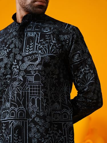 Image of SOJANYA (Since 1958 Men's Cotton Silk Kantha Thread Embroidered Kurta with White Pyjama