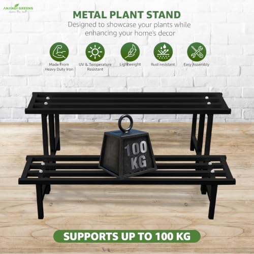 Image of Anandi Green's Black Heavy Duty 2 Tier Metal Plant Stand for Grow Bags Planters and Pots Rust Resistant Plant Pot Holder Rack for Outdoor Balcony Indoor Living Room and Garden Supports Up to 100 kg