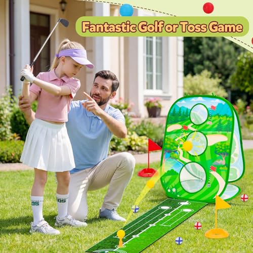 4-In-1 Kids Sticky Golf Games Set With Club, Golf Putting Practice Mat,3-Sided Golf Chipping Net, Multiple Game Modes, Golf Cornhole Board Set, Indoor & Outdoor Golf Practice For Kids & Adults - Image 4