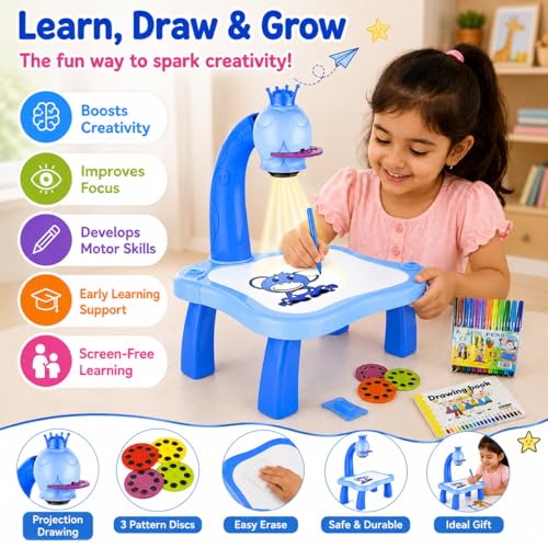 Image of Braintastic Kids Projector Drawing Table with Light & Music | Educational Art & Tracing Toy with Patterns and Color Pens | for 3+ Years Boys & Girls (Blue)