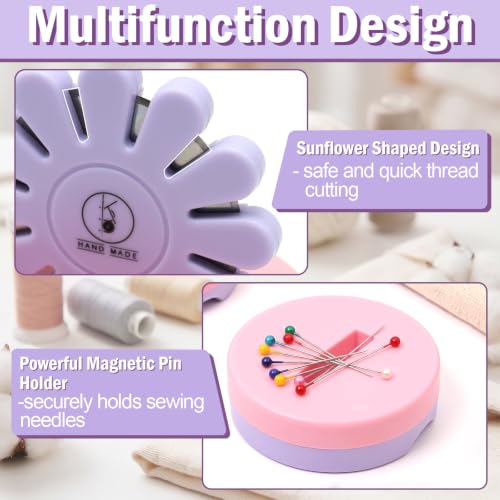 Image of Sizobi Purple Magnetic Pin Holder with Thread Cutter, Blade Saver | Double-Sided Magnetic, 12 Cutting Point, Concealed Blade, Vertical Placement, Multi-functional Storage, Flower-shaped Design