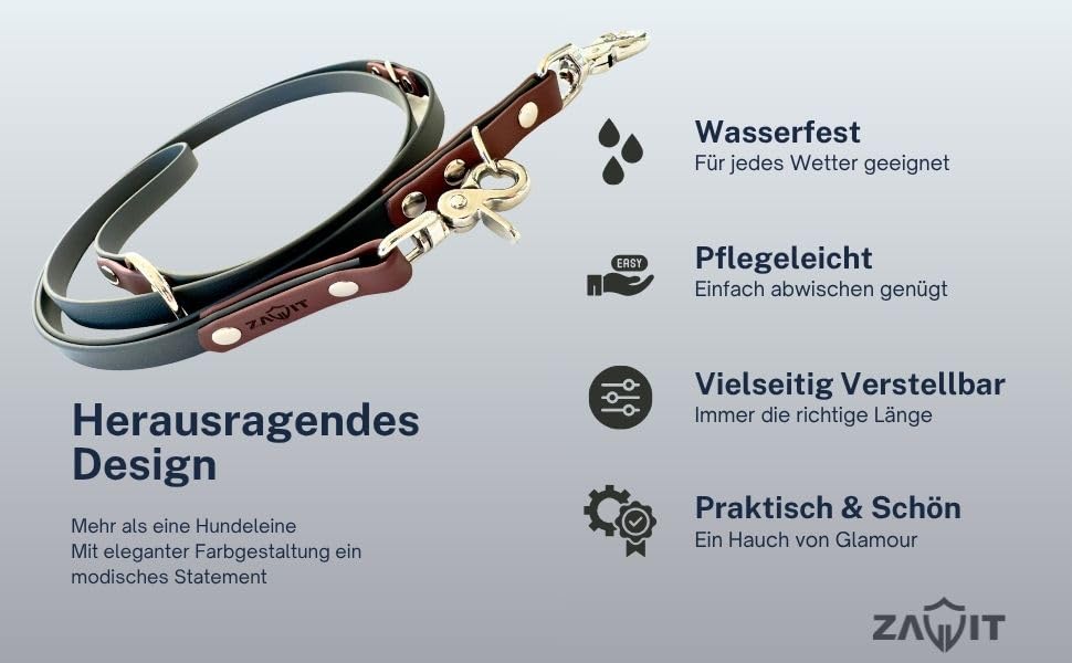 Original Biothane® Hundeleine 2m - Verstellbar, Wasserfest & Robust, mittel-große und kleine Hunde, Scherenkarabiner Bruchlast 160 kg (Schwarz/Braun/Silber)