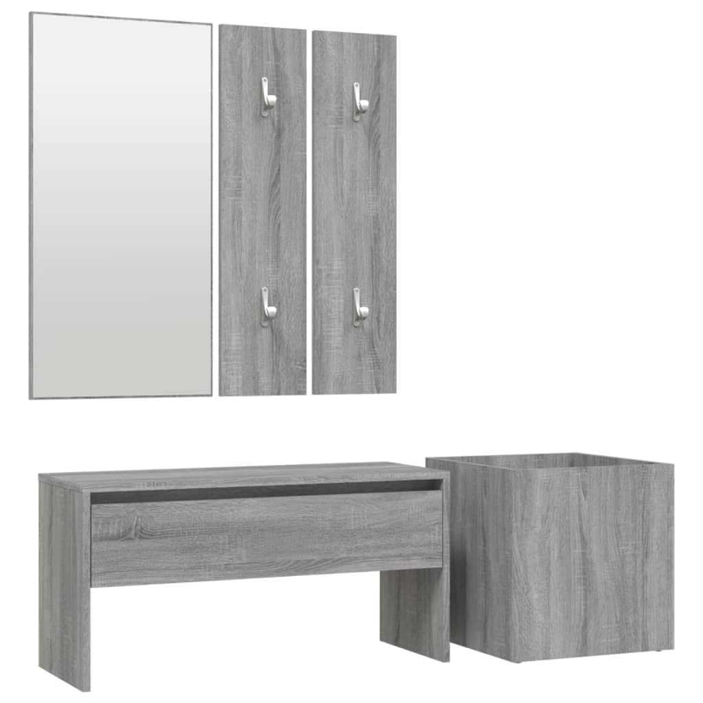 Juego de perchero gris Sonoma 80 × 30,5 × 40 cm, perchero doble con banco, espejo, jardinera, espacio de almacenamiento, pasillo salón o dormitorio