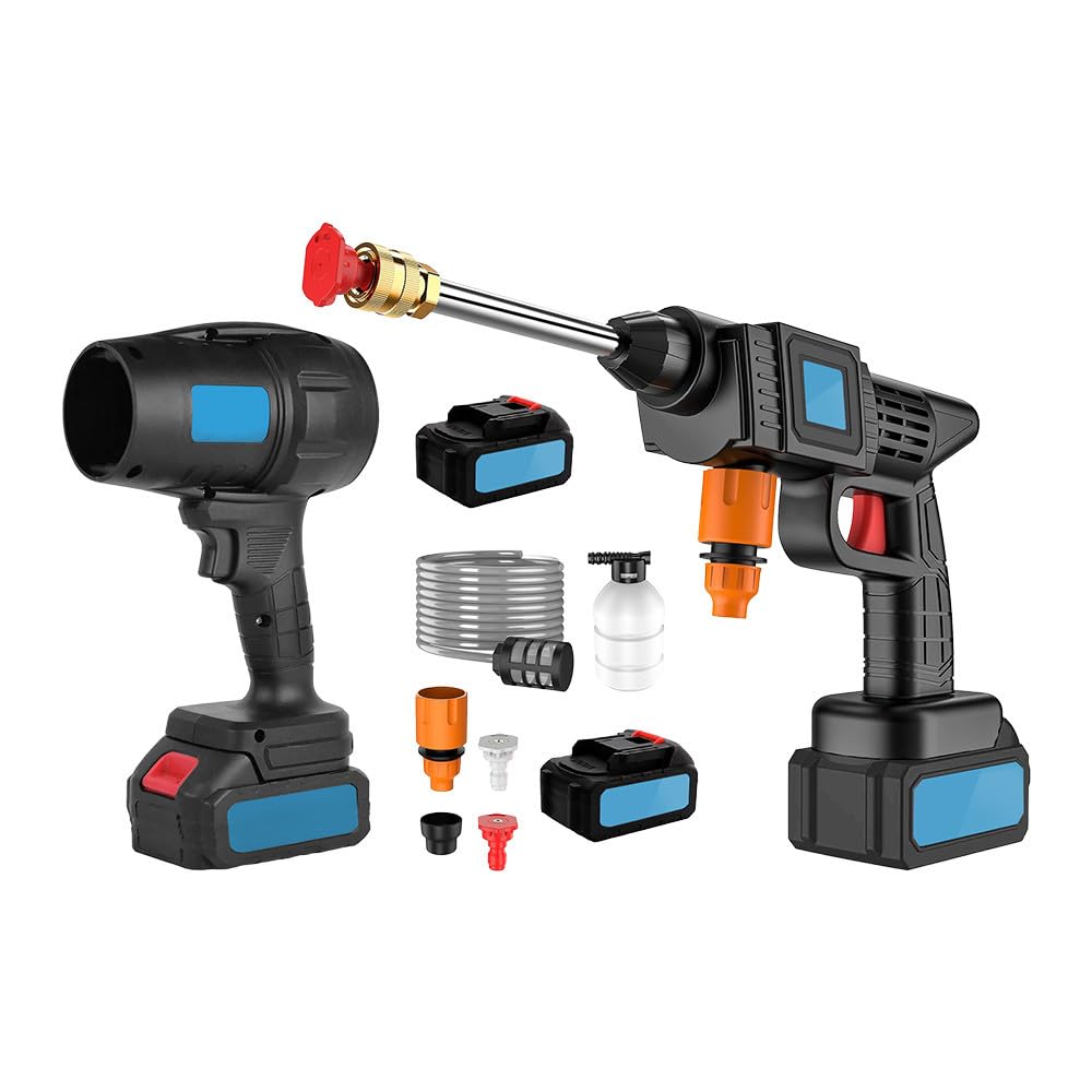 Kit Idropulitrice e Soffiatore Cordless a Doppia Batteria 48V - Lancia Lavaggio a Batteria - Lavaggio Professionale con Filtro, Tubo, Serbatoio e Attacchi - Pulizia Auto Scooter Giardino (Blu)