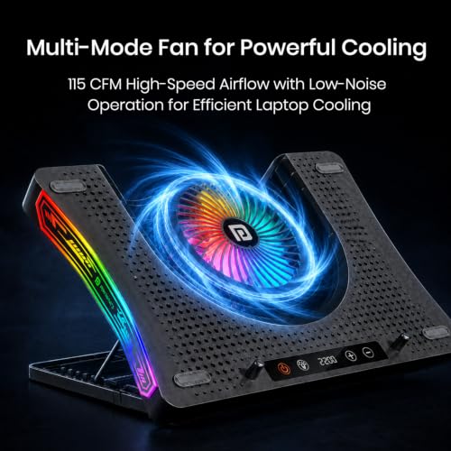 Image of Portronics AeroDock Pro Laptop Cooling Pad with High-Speed Fan, 115 CFM Airflow, 10 RGB Lighting Modes, Built-in Phone Holder, Adjustable Height, Noiseless Fans and Dual USB Ports, Black