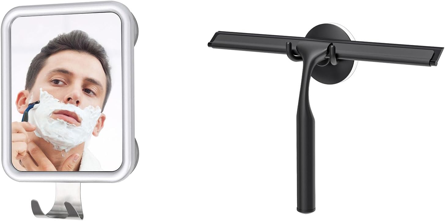 Ettori Fogless Square Shower Mirror and Black Stainless Steel Squeegee Combo – Great for Modern Bathrooms