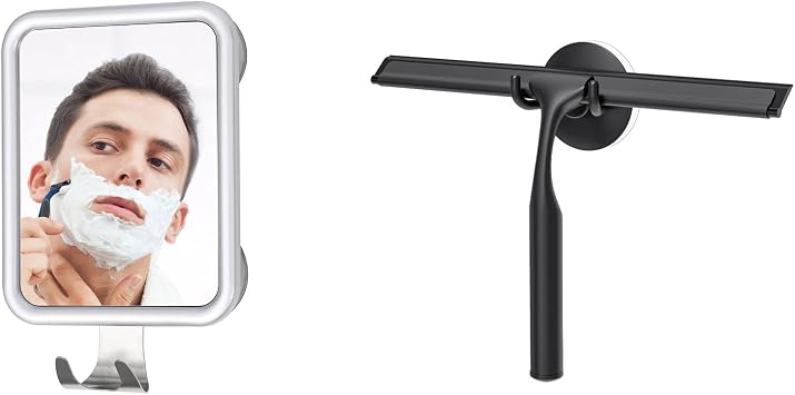 Ettori Fogless Square Shower Mirror and Black Stainless Steel Squeegee Combo Great for Modern Bathrooms