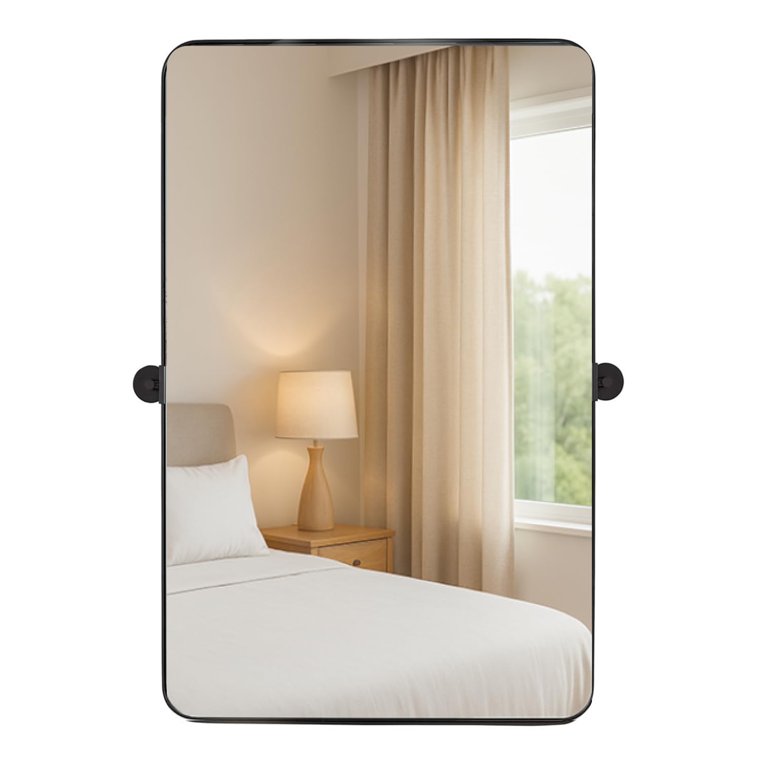 Hamilton Hills 24x36 inch Brushed Black Metal Framed Mirror - Pivot Mirrors for Bathrooms - Rounded Corner Rectangular Frame with Tilt Mirror Brackets - Adjustable and Tilting Farmhouse Wall Vanity