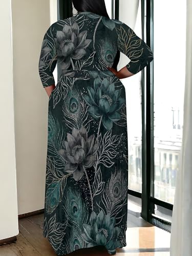 Image of SUZONANA Plus Size Maxi Dresses for Curcy Women Casual Loose 3 /4 Sleeve Long Dress with Belt