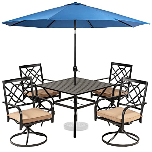 Suncrown 5 Pieces Outdoor Dining Set Metal Swivel Cushioned Chairs Patio Furniture Sets With Steel Slat Bistro Table And Sky Blue 10Ft Patio Umbrella For Backyard, Lawn, Garden #TOP22
