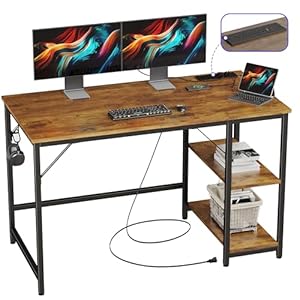 JOISCOPE 48 x 24 Inch Gaming Computer Desk with USB & Type-C Outlet, Home Office Desk with Storage Shelves for Bedroom, Home Office, Modern Simple Writing Table, Vintage Oak Finish