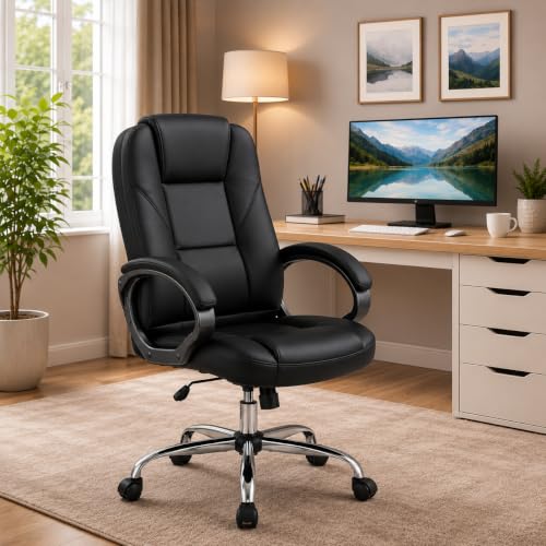 Image of Oakcraft Premium Ergonomic Office Chair - Adjustable Swivel Desk Chair with Lumbar Support & PU Leather Upholstery (Full Black, Mid Back)