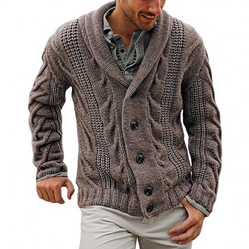 Men's Classic Sweater Cable Knit Notched Collar Single Breasted Button Sweaters Fall Winter Chunky Pullover Outfits
