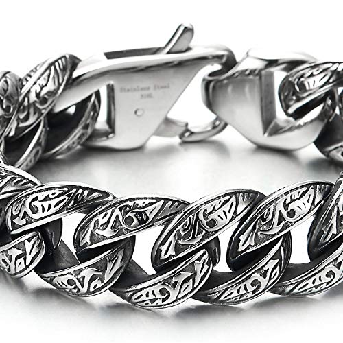 COOLSTEELANDBEYOND Mens Stainless Steel Vintage Fancy Curb Chain Bracelet with Tribal Tattoo Pattern, Retro Style, 8 inches2