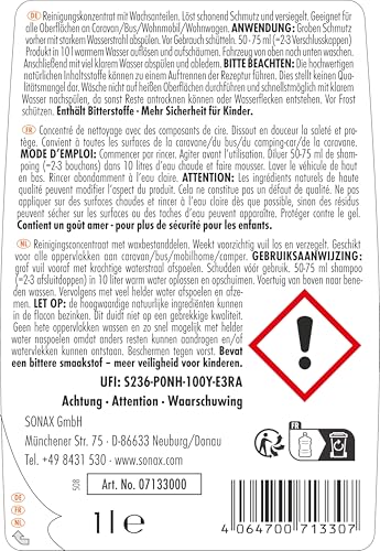 SONAX CARAVAN Shampoo (1 Liter) Reinigungskonzentrat mit Wachsanteilen, für alle Oberflächen an Caravan/Bus/Wohnmobil/Wohnwagen | Art-Nr. 07133000