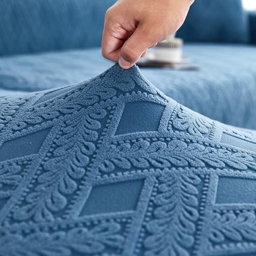 Housse canapé d'angle Jacquard bleu lac extensible 2+2 places