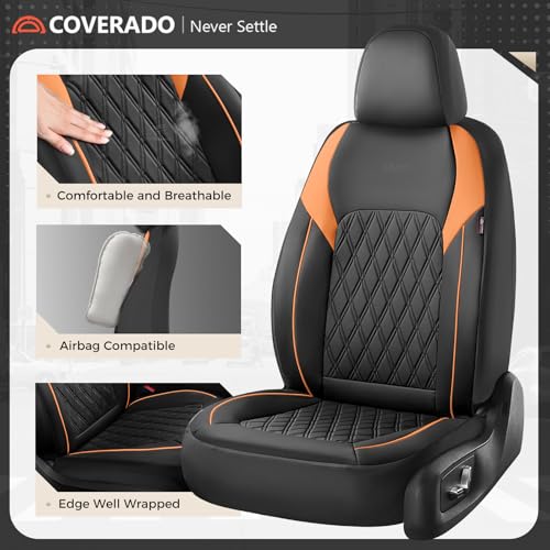 Image of Coverado Seat Covers for Cars, Automotive Seat Covers Front Seats, Waterproof Car Seat Covers, Car Seat Cushion, Faux Leather Car Seat Protector Carseat Cover Universal Fit Most Cars, Black&Orange