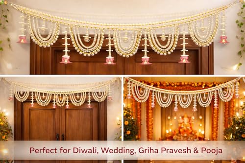 Image of Designer Pearl Beads Toran for Door | Pink Lotus Hanging Bandarwal | 3 Feet Length | Elegant Traditional Door & Pooja Decoration for Diwali, Wedding & Housewarming