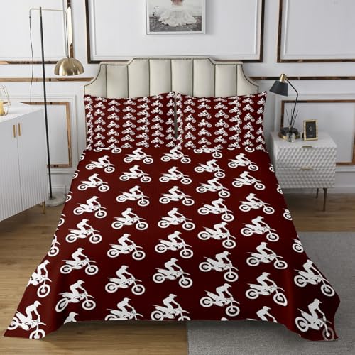 Manfei Motorbike Kids Bedspread Twin Size,Motorcycle Motocross Dirt Bike Coverlet Set,Boys Girls Room Decor,Extreme Sports Adventure Vehicles Quilted Coverlet,Red Bedding Quilt,1 Pillowcase