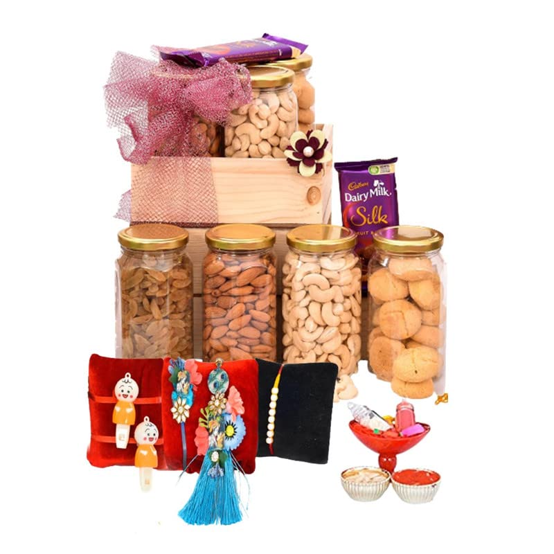 Image of NUTRI MIRACLE Rakhi Dry Fruit & Nut Gifts With Rakhis For Brother N Family Including Bhai Bhabhi Pair,Cashew,Almond,Raisin,Cookies,Silk,450gm
