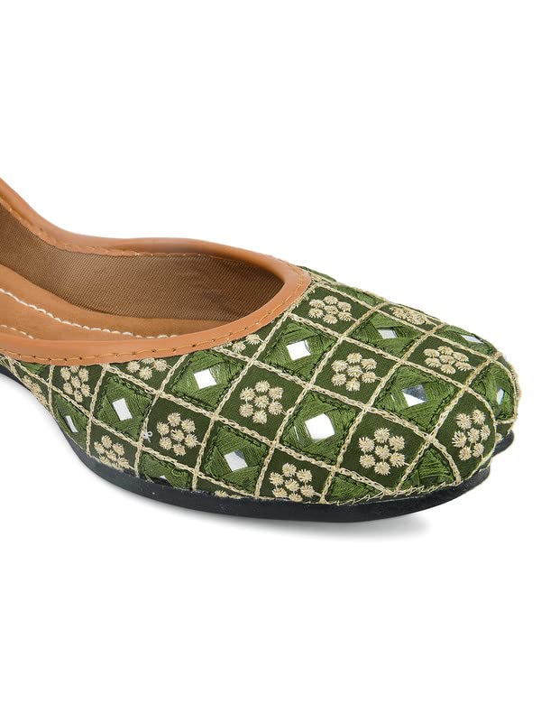 DESI COLOUR Mojari Punjabi Jutti for Women Ethnic Footwear- Mirror Emb (Green, Numeric_6) 3
