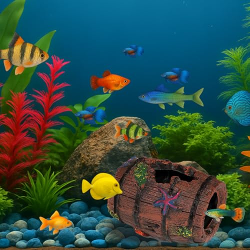 Image of Aquarium Barrel Fish Tank Decorations - Resin Betta Fish Tank Cave with Blue Starfish Ornaments, Rustic Aquarium Ornaments for Small Fish